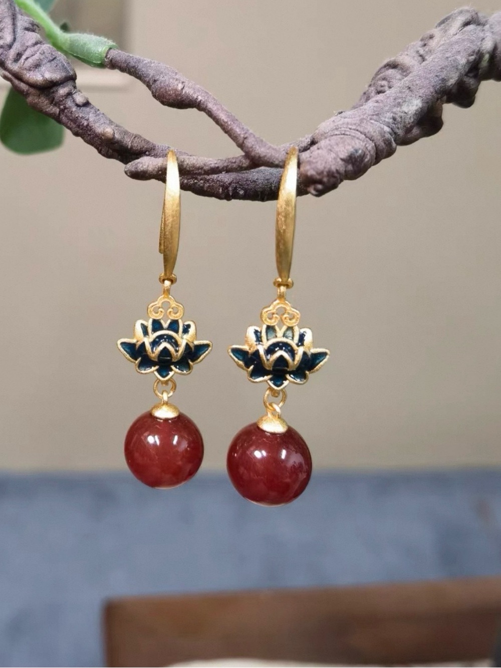 Gold Lotus Drop Earrings with Red Bead